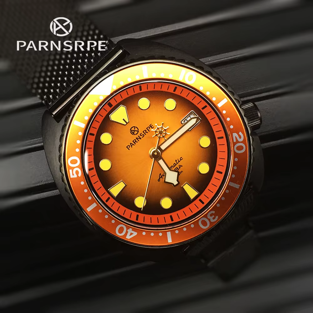 PARNSRPE Diver Orange turtlMontre mécanique automatique pour homme Cadran aseptique Verre saphir Ind