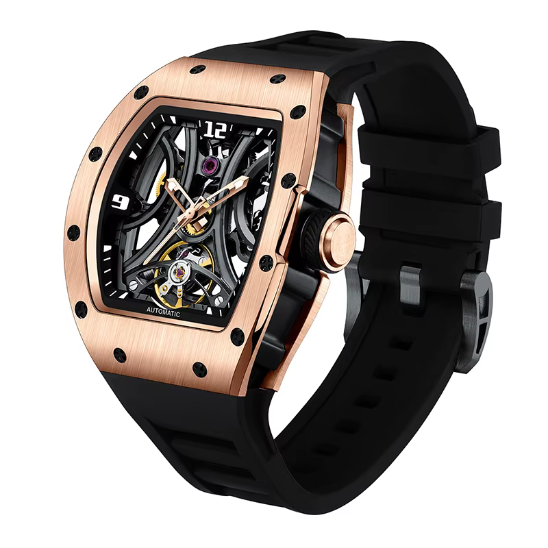 Nouvelle Montre Automatique Style Tonneau Cadran Silicone Bracelet Étanche Sport Mécanique Acier Ino