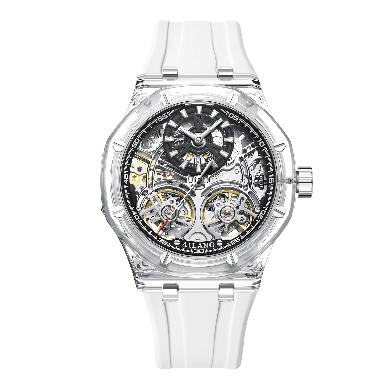 Montre automatique squelette à mouvement mécanique étanche, forme tonneau, avec bracelet en silicone