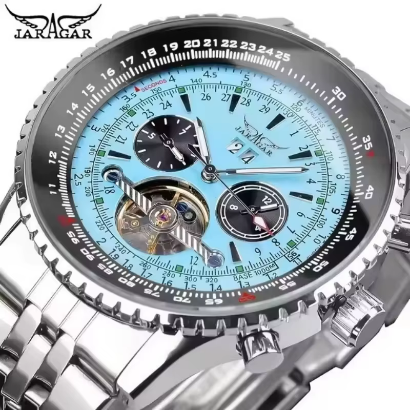 JARAGAR 034 Montre mécanique automatique de luxe rétro, tourbillon, squelette creux, acier inoxydabl