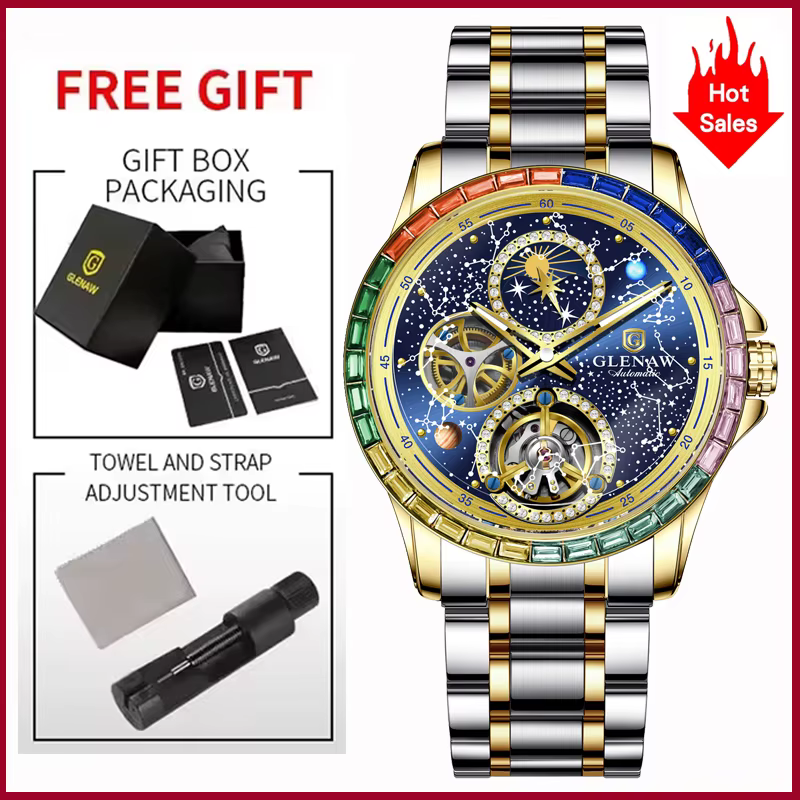 GLENAW 2025 Nouvelle Montre Mécanique Homme Design Cercle Arc-en-ciel Cadran Constellation Lumineux