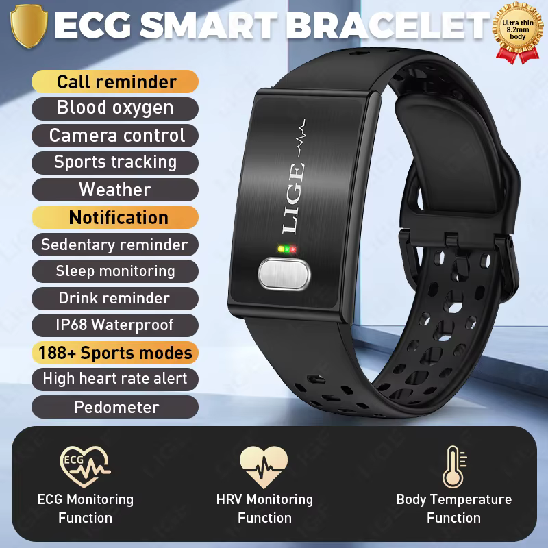 Nouveau bracelet intelligent ECG LIGE avec moniteur de fréquence cardiaque 24h/24, thermomètre, trac