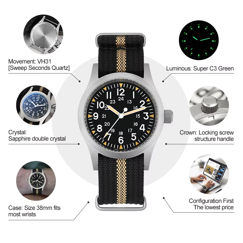 Militado ML05 38mm montre Vintage VH31 mouvement à Quartz montres de terrain cristal saphir bombé av
