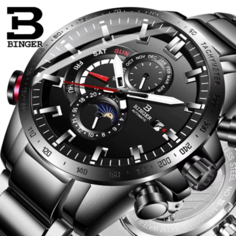 Véritable marque de luxe BINGER hommes montres automatique mécanique lumineux entièrement en acier é