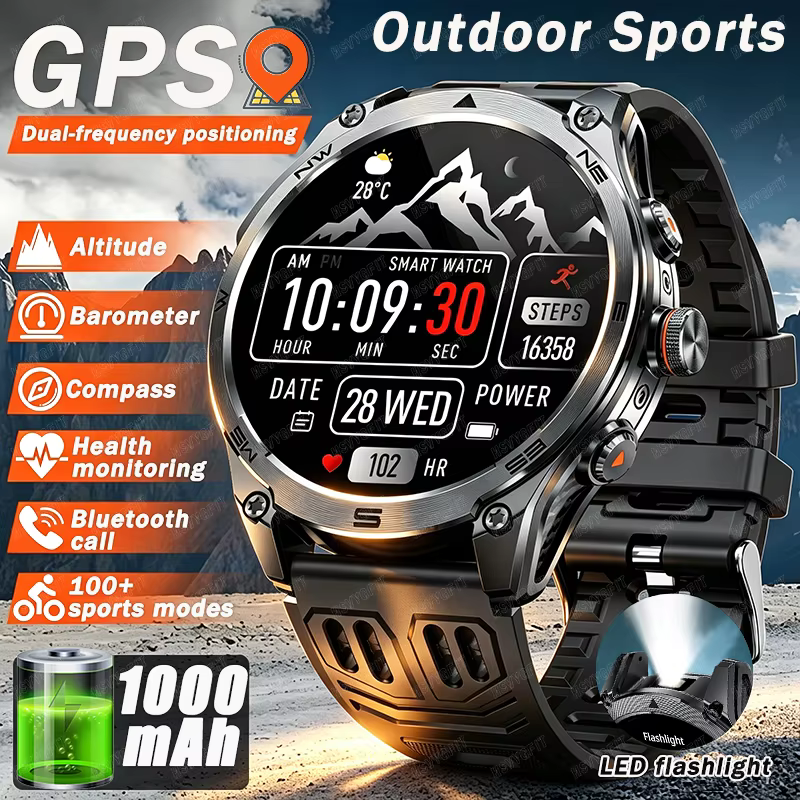 Nouvelle montre connectée militaire GPS sportive 2026, grand écran haute définition de 1,7 pouce, ba