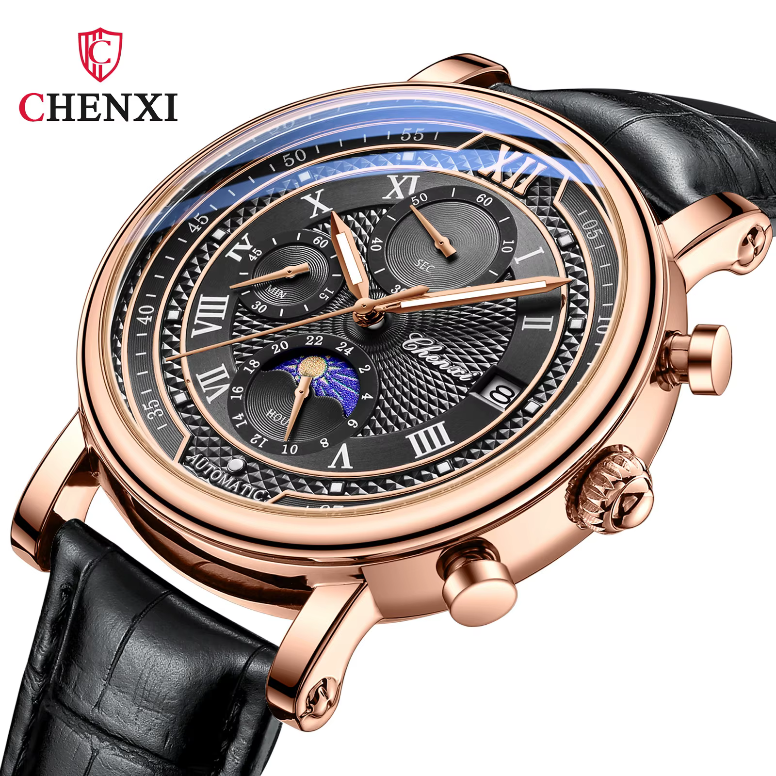 Chenxi 976 cuir chronographe Date hommes Phase de la lune chronométrage affaires lumineux montre à Q