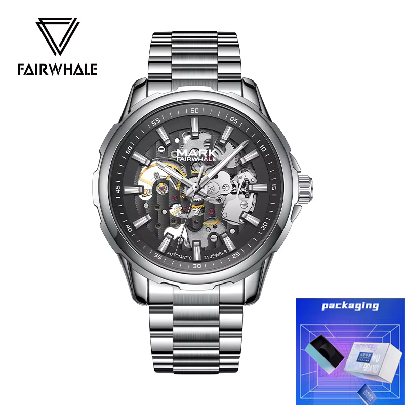 Montre mécanique squelette de luxe pour homme Fairwhale, en acier inoxydable, étanche, automatique, 