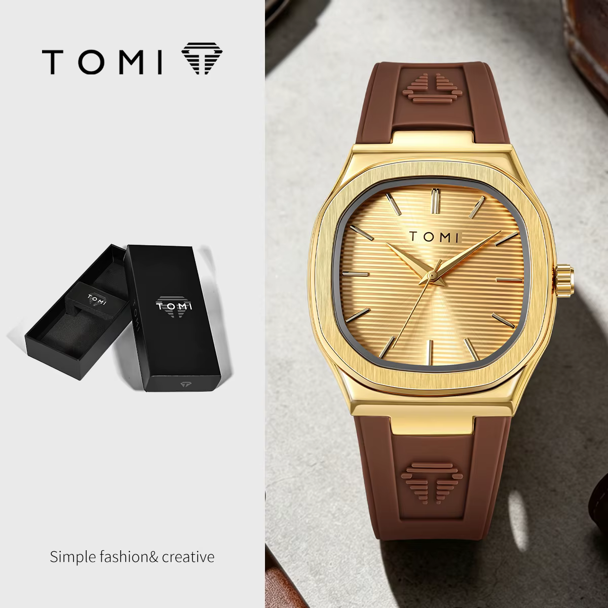 Montre à quartz pour homme TOMI 2026, nouvelle mode, cadran carré simple, bracelet en caoutchouc, ét