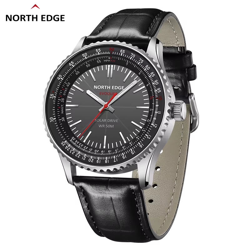 Montre NORTH EDGE EVOQUE 3 pour homme, série pilote, aviation, solaire, bracelet en cuir, boîtier en