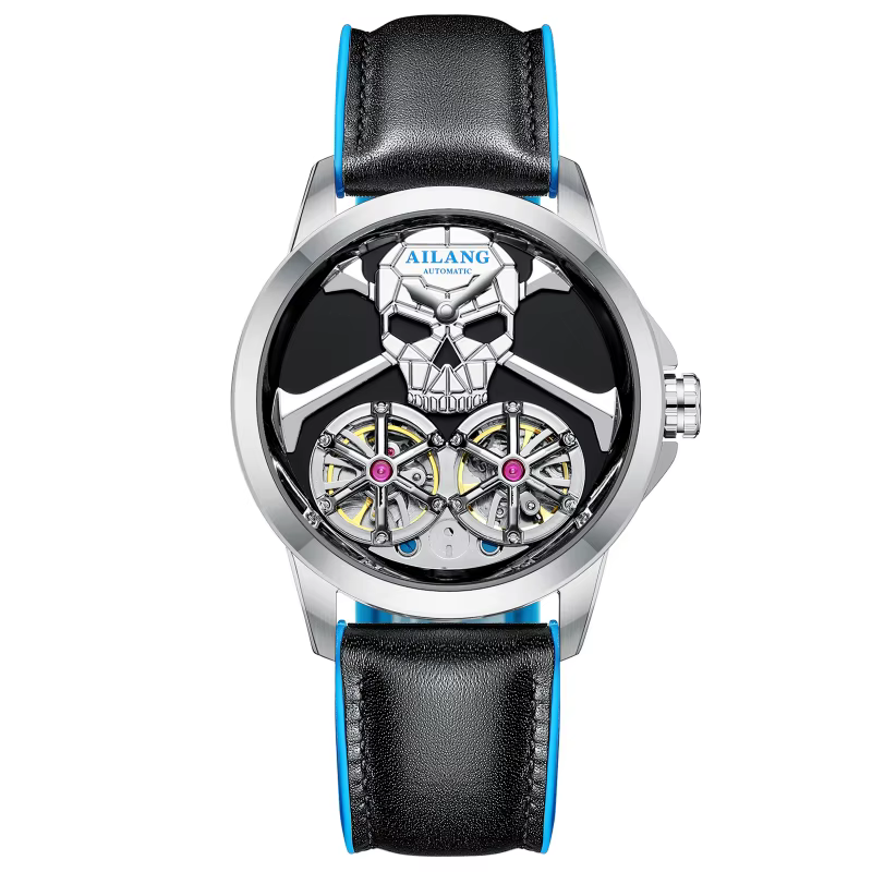 Montre-bracelet automatique mécanique haut de gamme étanche, design punk Steam Skull, double tourbil