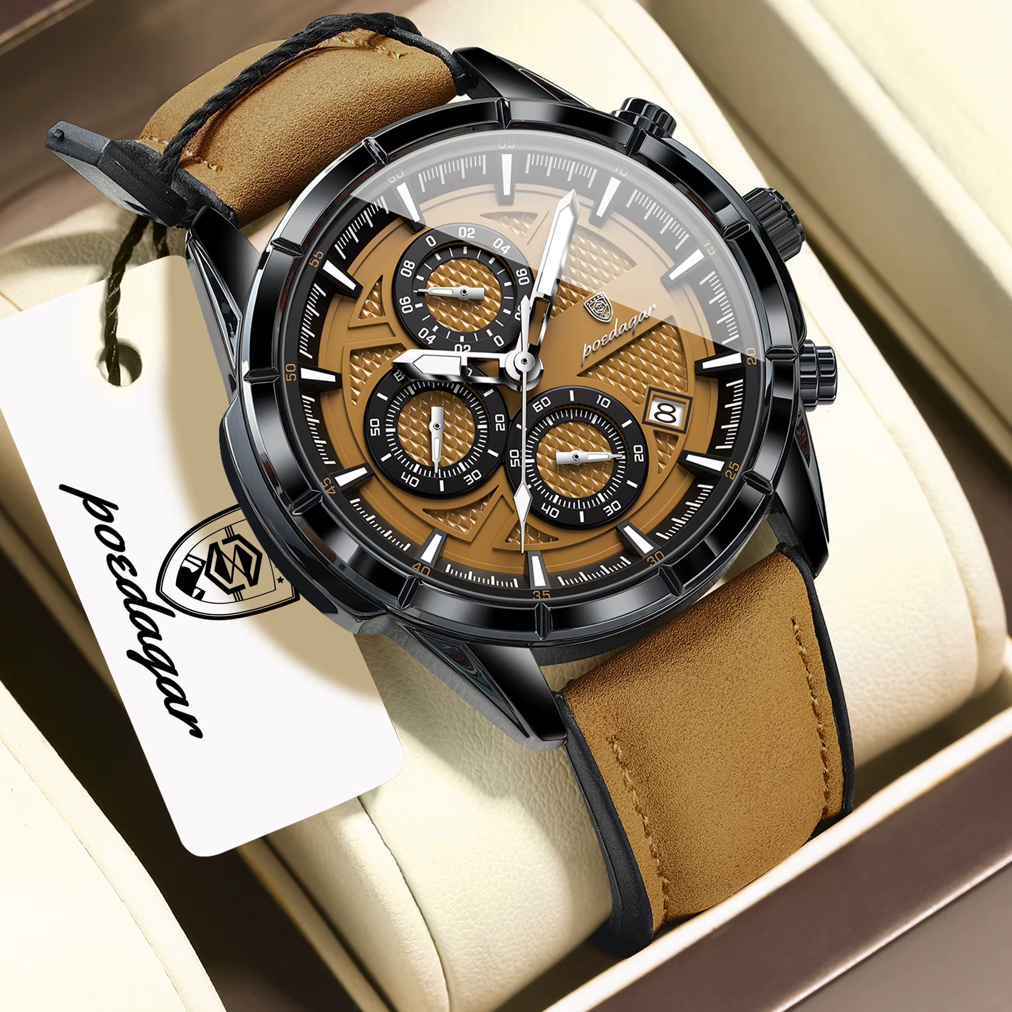 Montre-bracelet vintage pour homme POEDAGAR, quartz, cuir, mode, chronographe, étanche, lumineuse, m