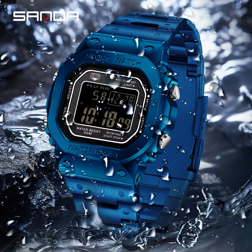 SANDA 2162 montre électronique pour hommes carré étanche multi fonctionnel montre-bracelet carré mod