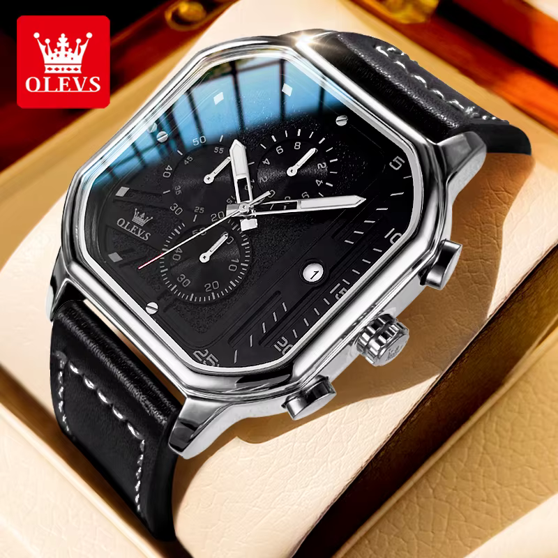 OLEVS-Montre-bracelet carrée étanche pour homme, chronographe, montre à quartz, bracelet en cuir Sho