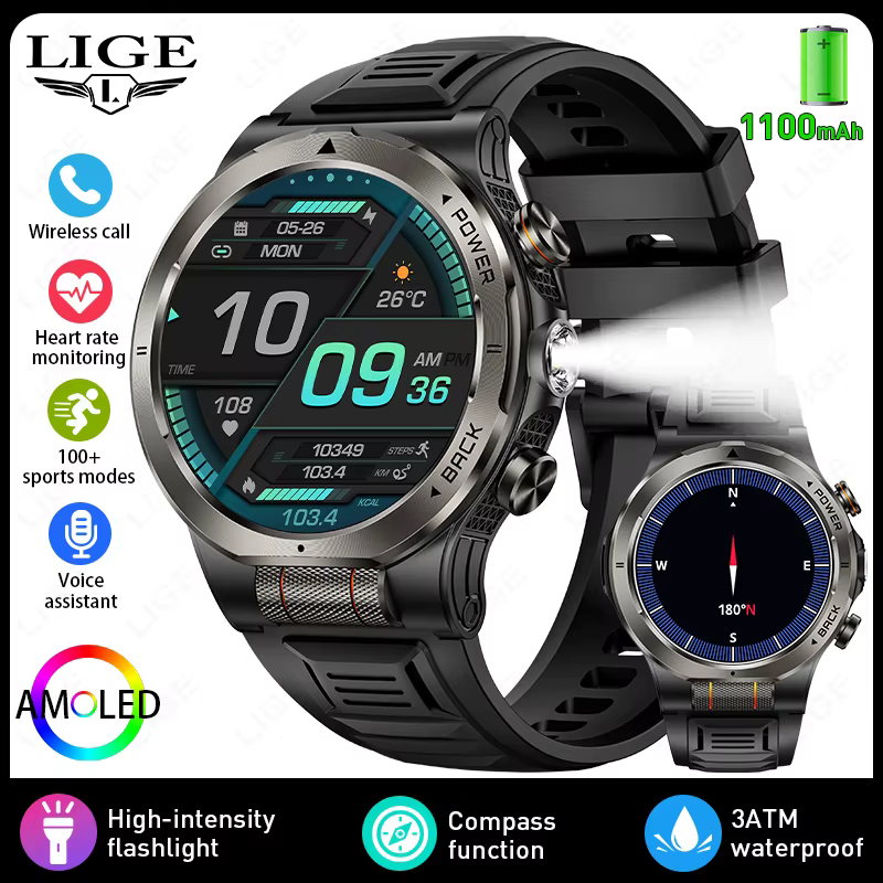 Montre connectée militaire LIGE pour homme, batterie 1100 mAh, boussole, lampe de poche, étanche 3 A