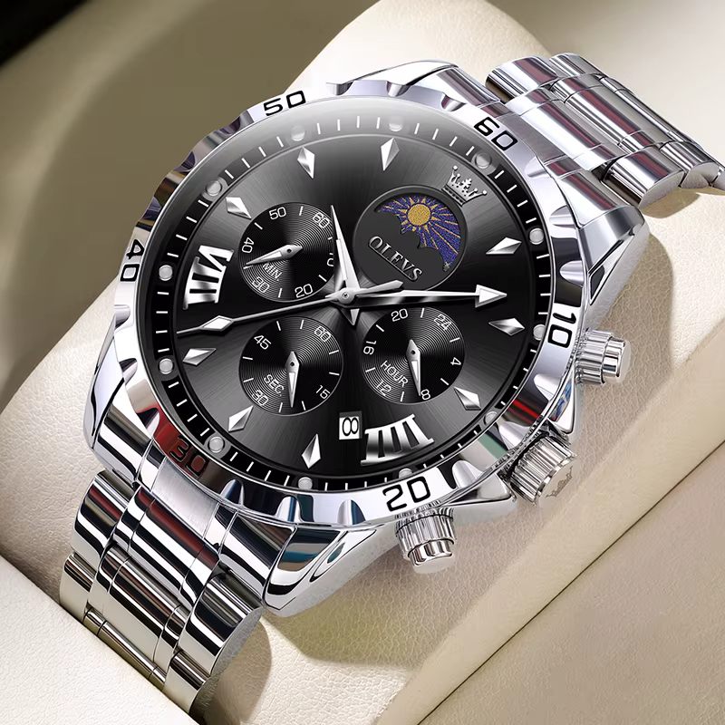 Montres pour hommes OLEVS 2949, phase lunaire, squelette lumineux, étanche, quartz, calendrier, chro