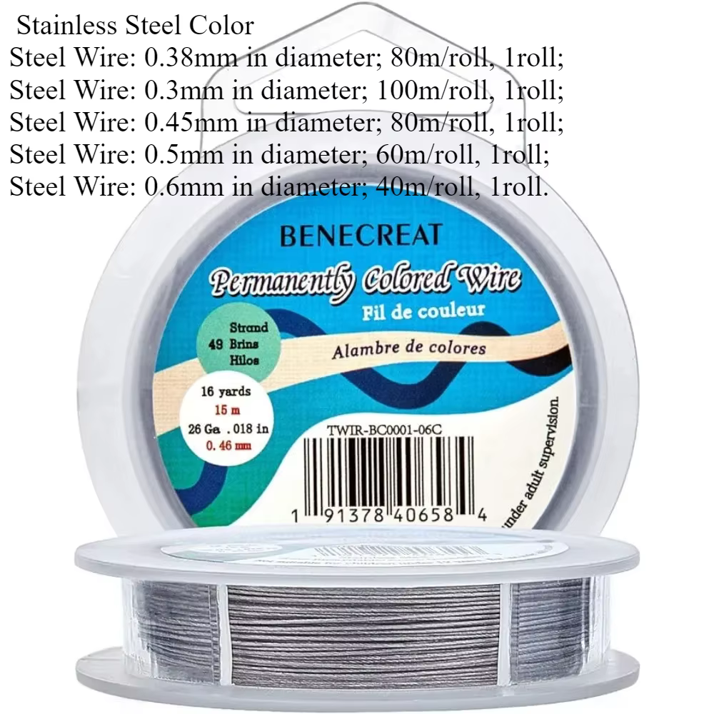 Fil de perles en acier inoxydable enduit de nylon, 49 brins, 0.46mm, 49 pieds, pour collier, bracele