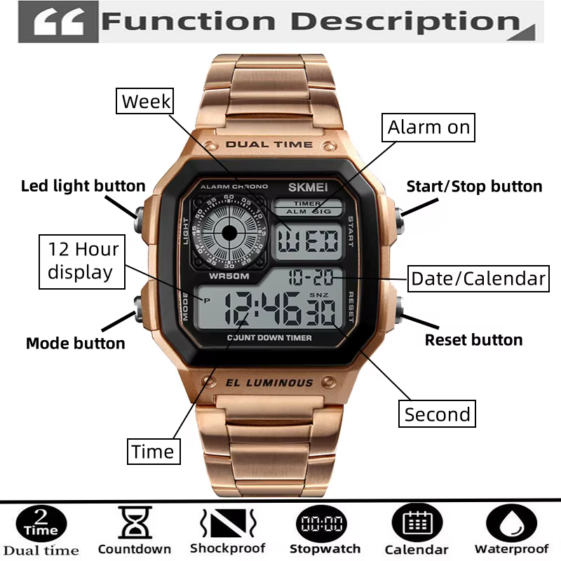 Skmei-Montre-bracelet de sport numérique pour homme, bracelet en acier inoxydable, chronographe LED,
