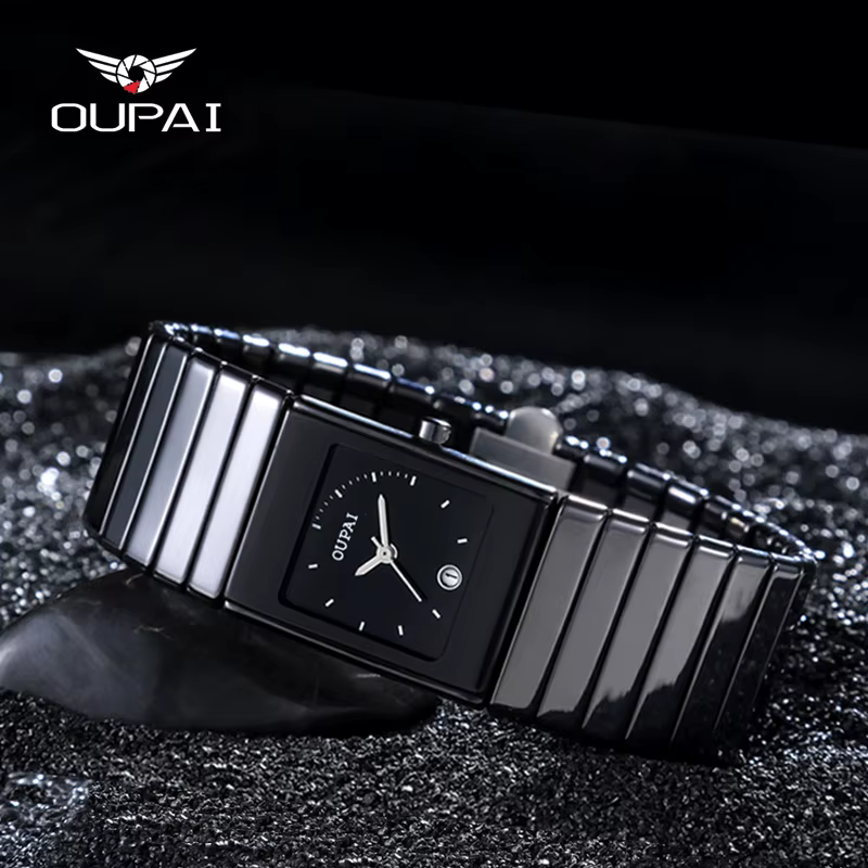 Montre carrée pour hommes OUPAI avec cadran rectangulaire, céramique noire 24 mm, quartz, étanche, d