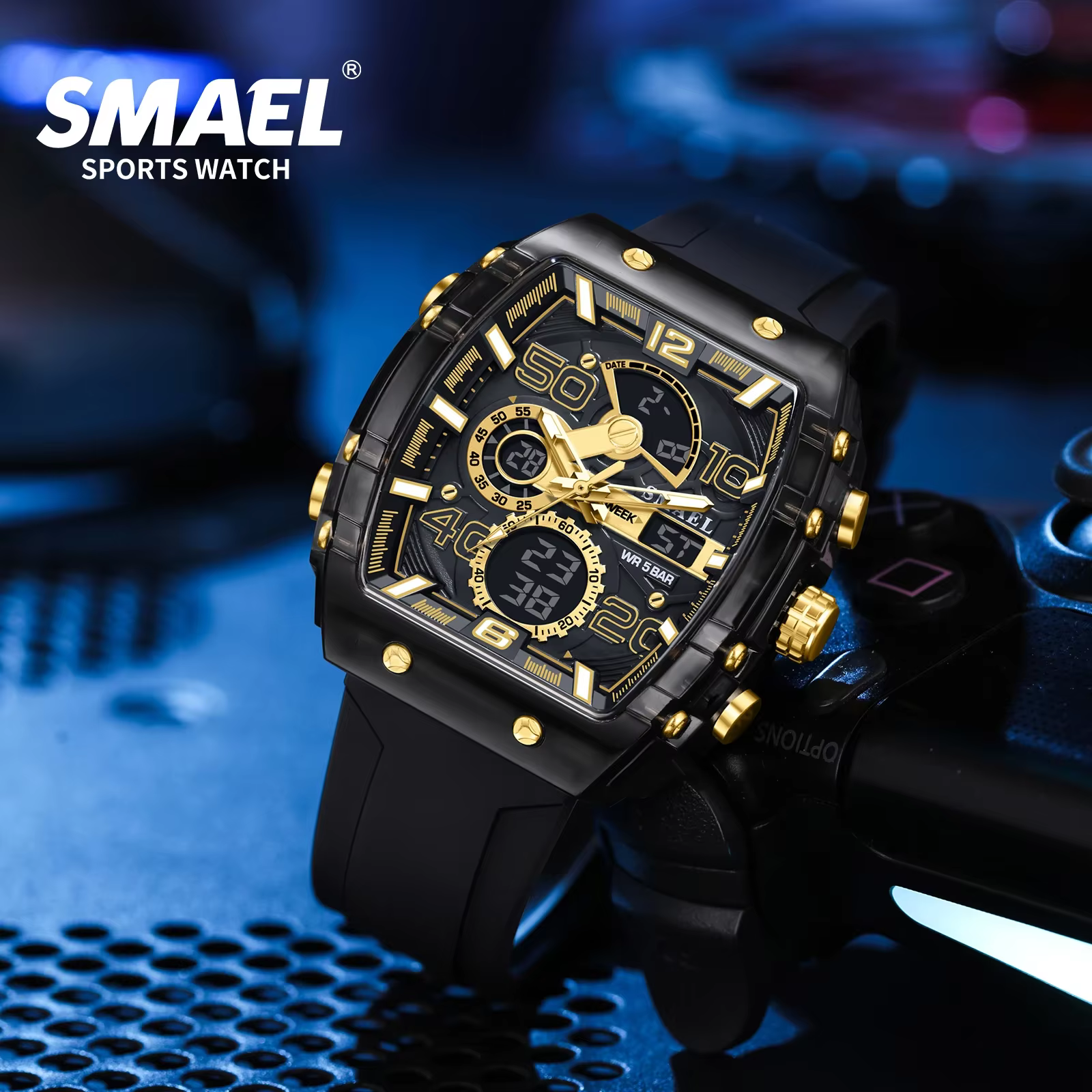 SMAEL 8109 nouvelle montre pour hommes sport multifonctionnel 50M étanche double affichage LED veill
