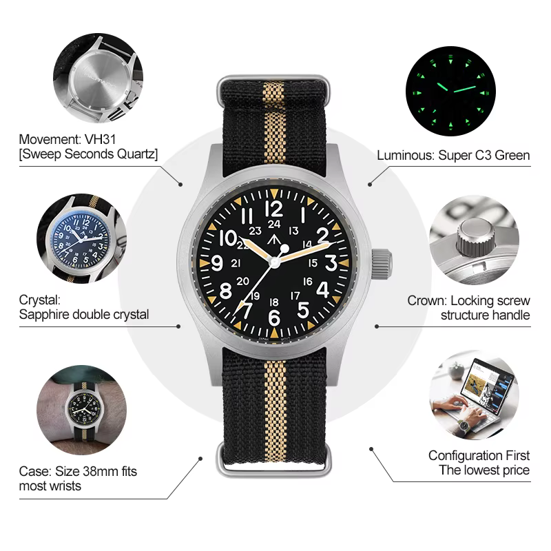 Militado ML05 montre Vintage VH31 balayage deuxième mouvement dôme cristal saphir avec revêtement AR