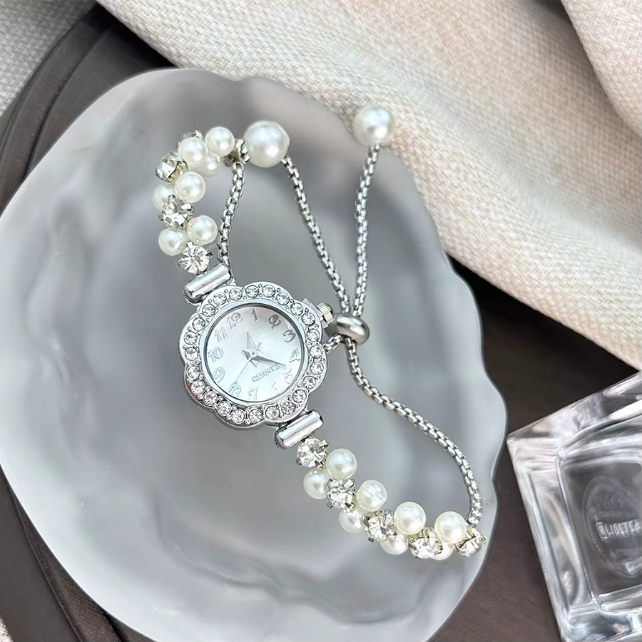 Montre à Quartz pour femmes, Bracelet ouvert en perles à Double rangée, boîtier incrusté de diamants