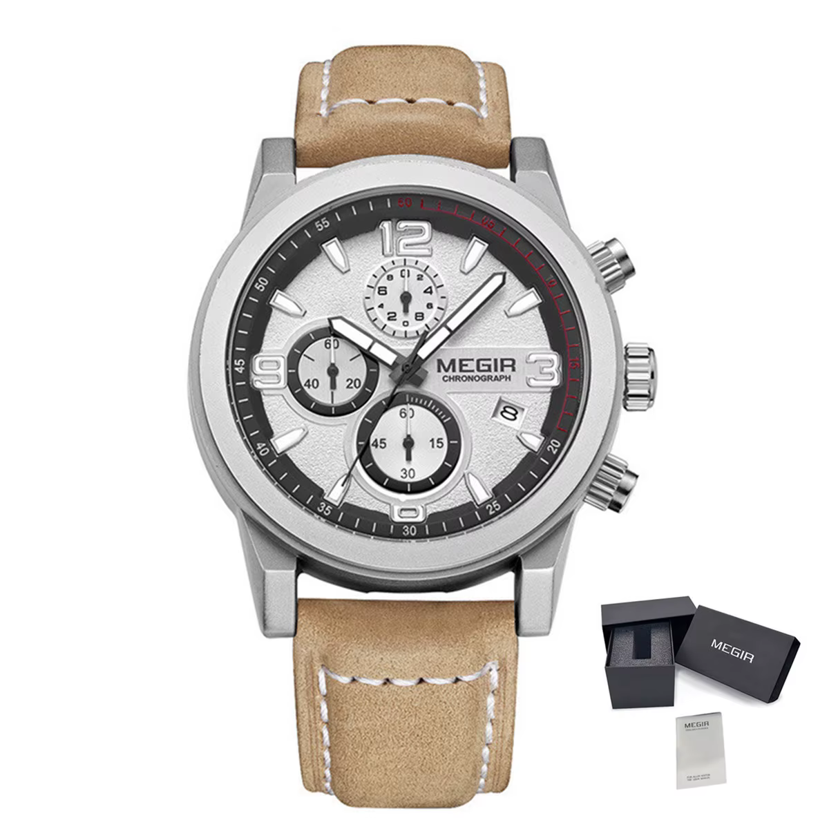 MEGIR bracelet en cuir montres de sport pour hommes mode montre-bracelet à Quartz étanche lumineux h