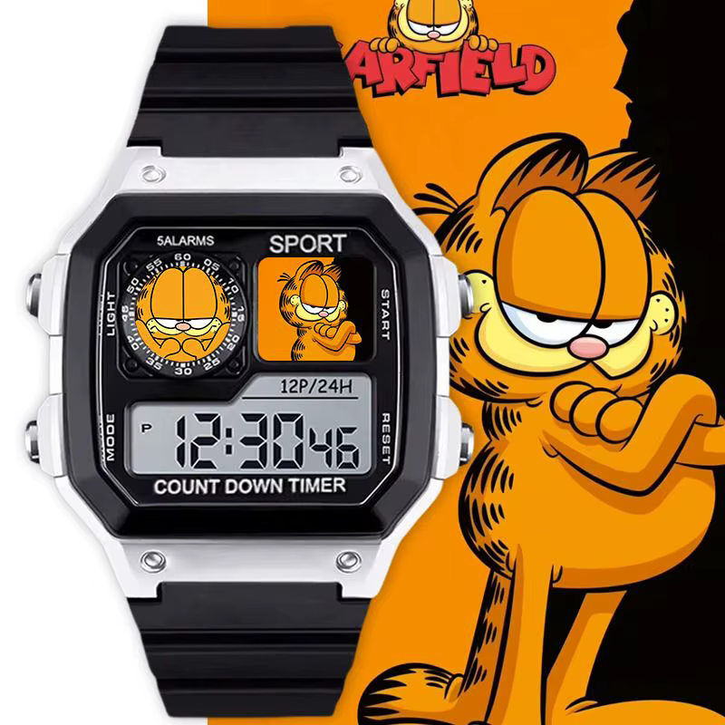 Montre numérique carrée unisexe pour étudiant, design Garfield, mignonne et originale, avec alarme s