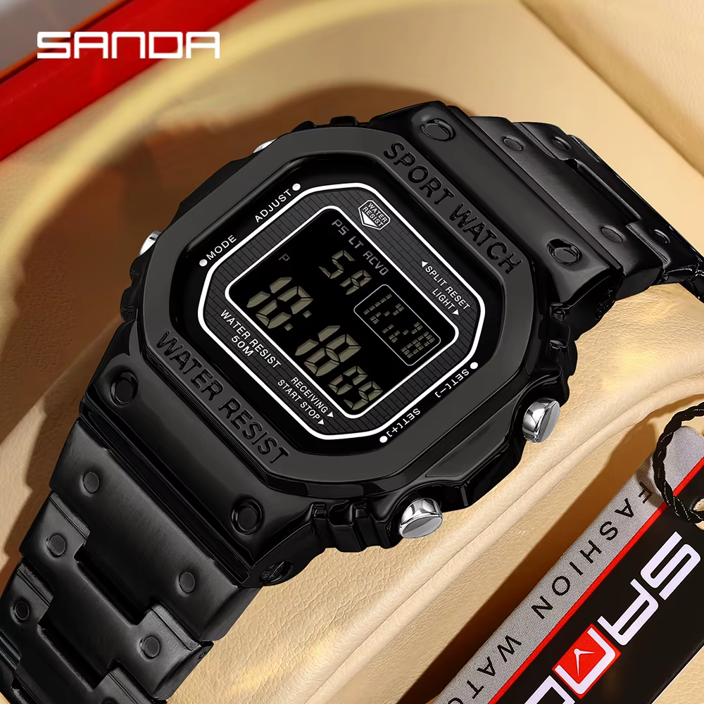 SANDA 2162 montre électronique pour hommes carré étanche multi fonctionnel montre-bracelet carré mod