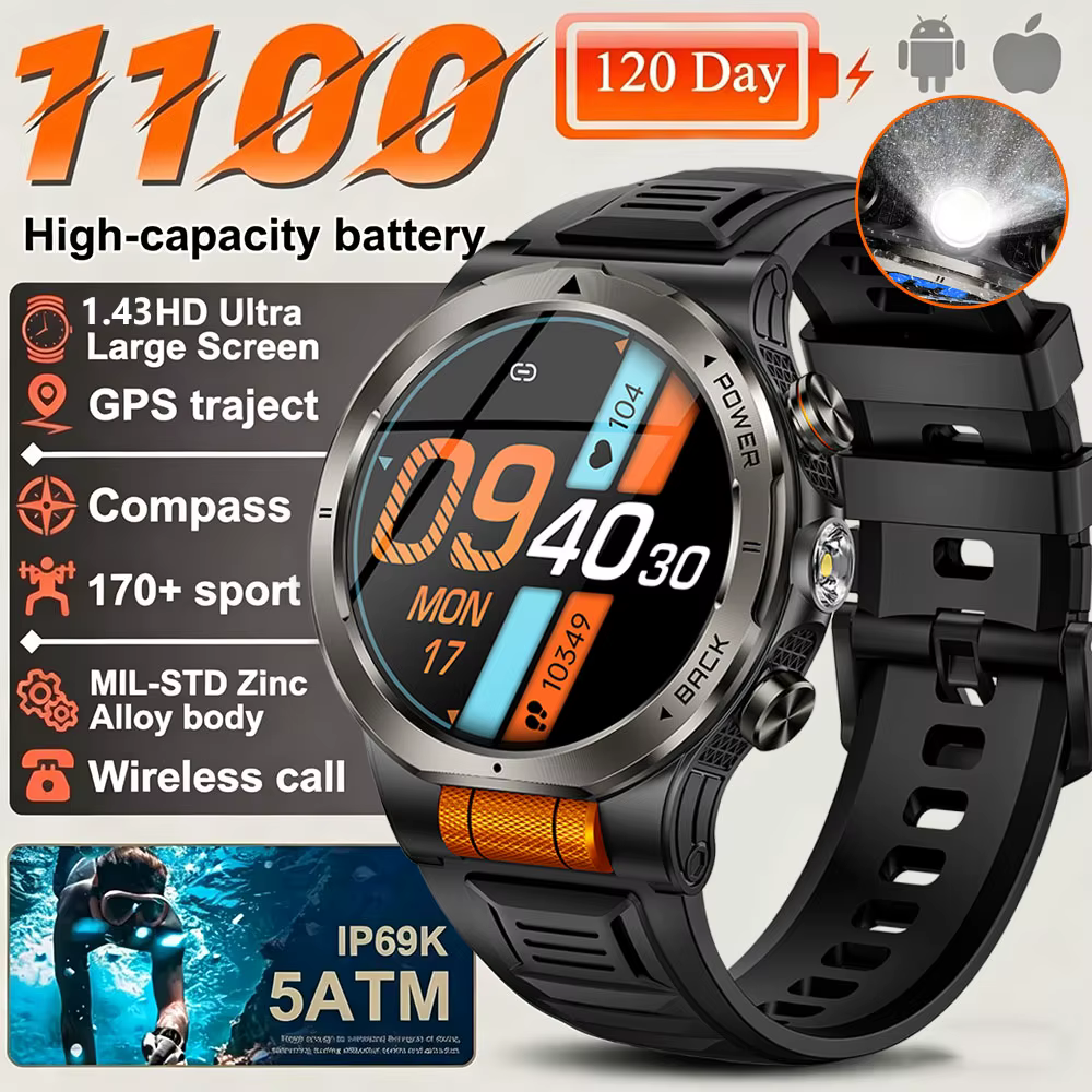Montre connectée de sport en plein air avec GPS, batterie 1100mAh, résistance à l'eau 3ATM, lumière 