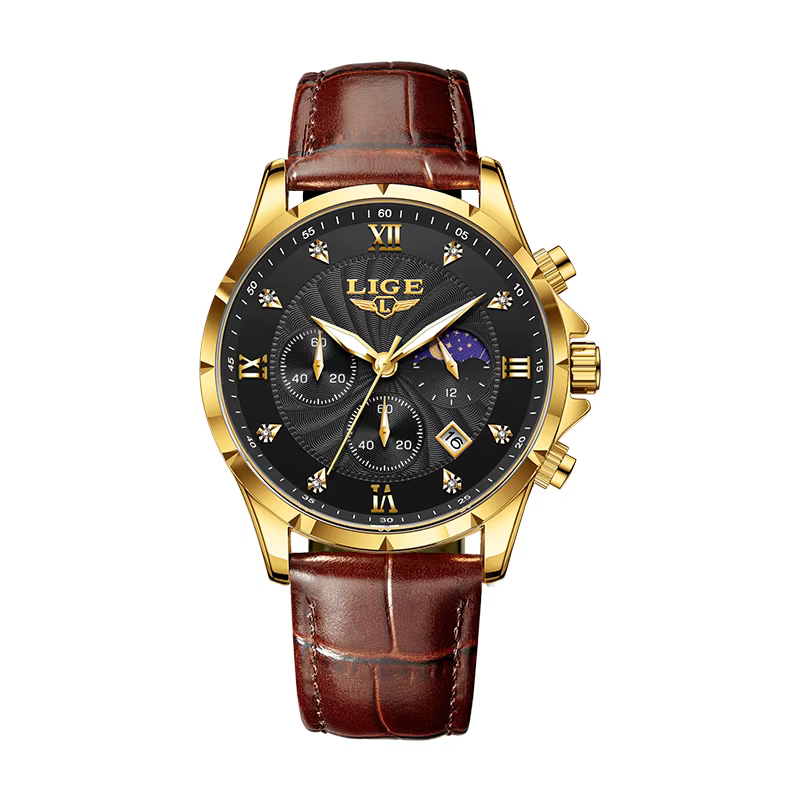 LIGE montre pour hommes de luxe affaires lumineux étanche montres en cuir Phase de lune semaine Date