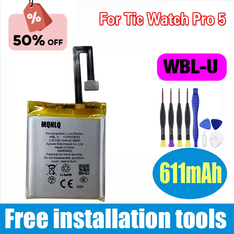 Batterie de remplacement WBL-U 3.87V 611mAh pour montre intelligente TicWatch Pro 5 WBL-U + outils