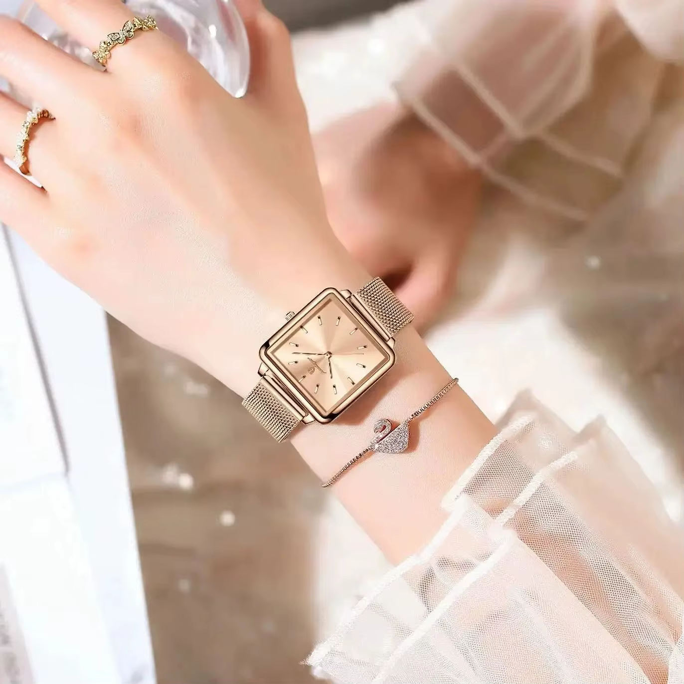 POEDAGAR carré mode dames montre étanche en acier inoxydable maille montre pour femme élégante femme