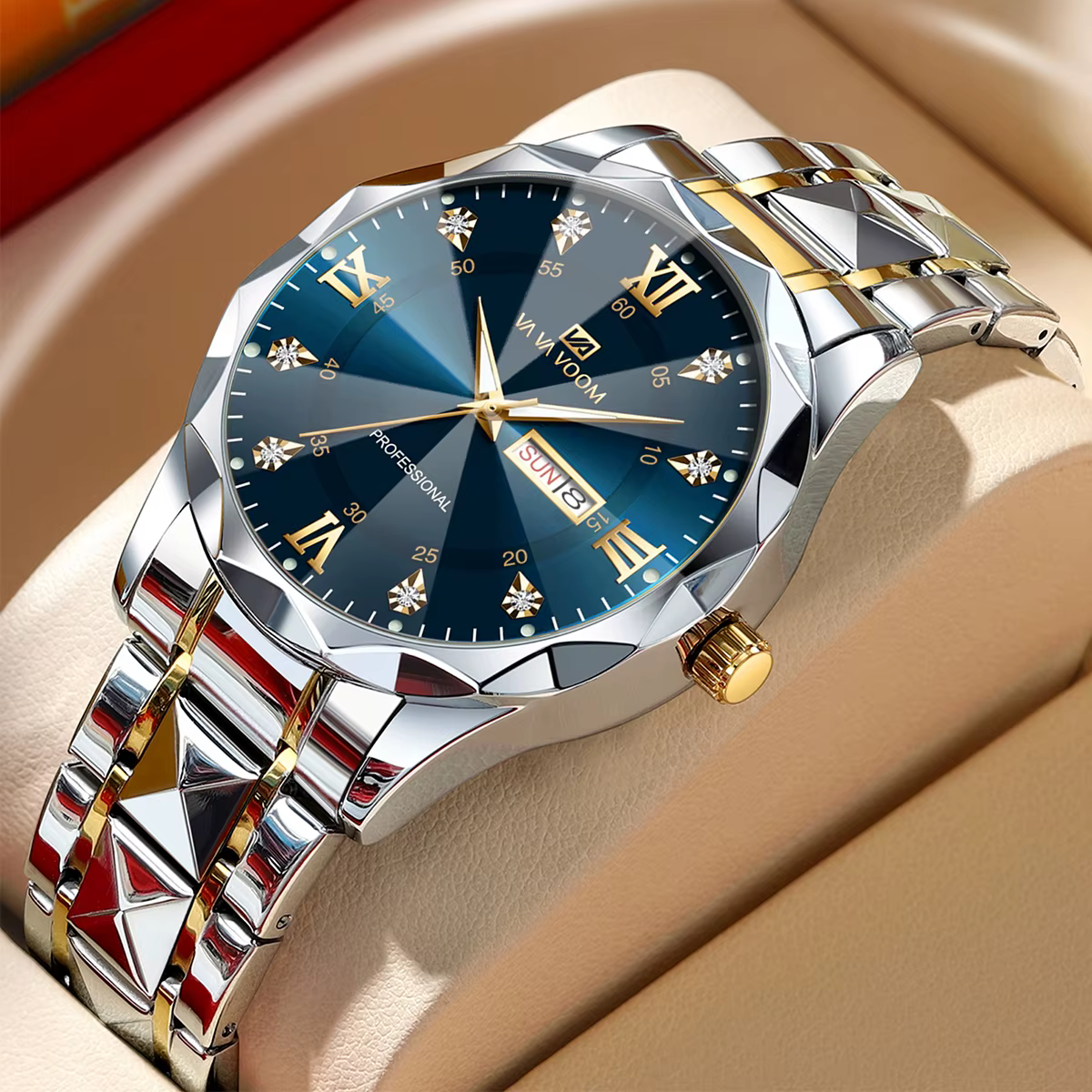 Montre de luxe en acier inoxydable pour homme, diamant, eau, lueur nocturne, double calendrier, mouv