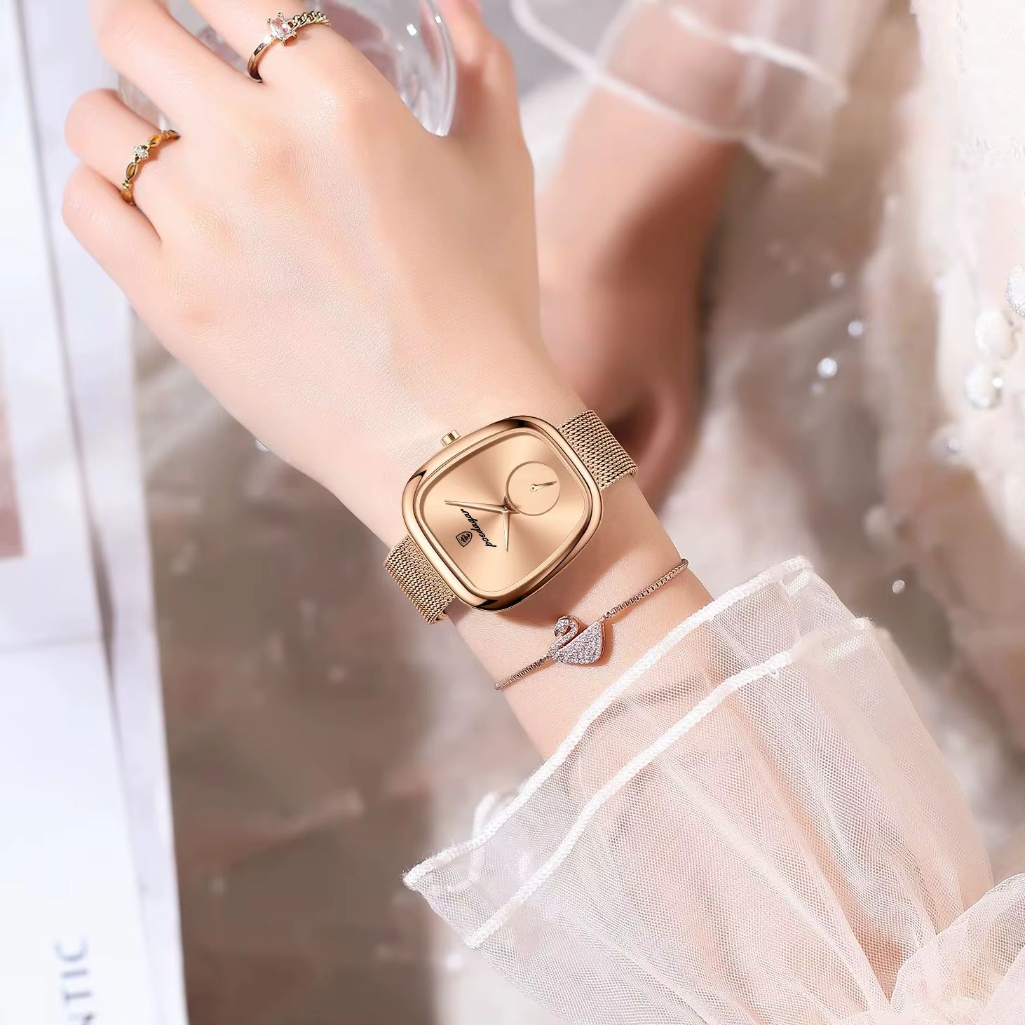POEDAGAR marque de luxe femme montre étanche en acier inoxydable maille femmes montres mode élégant