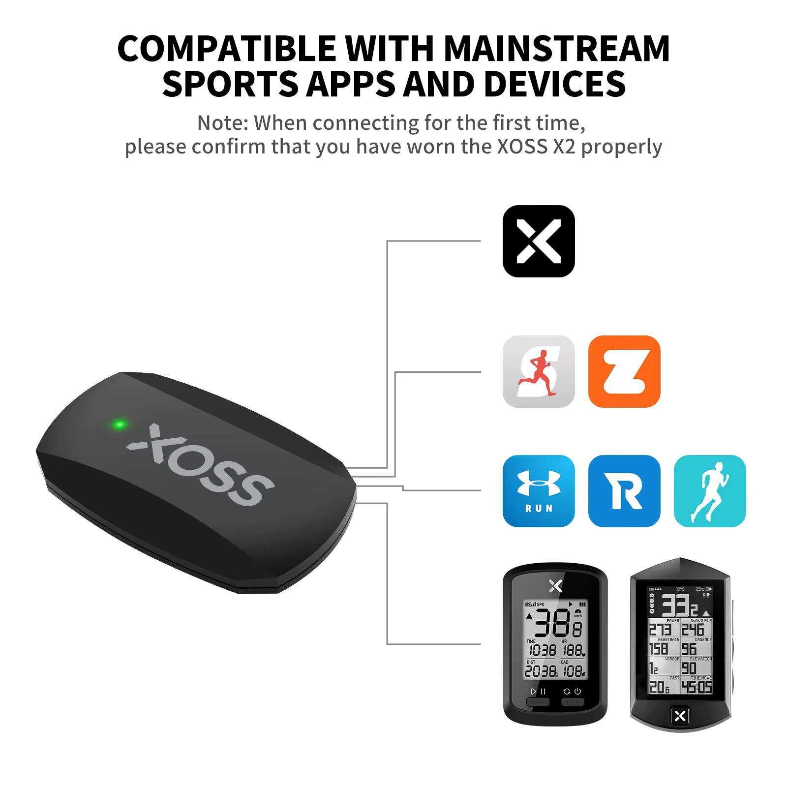 XOSS X2-Sangle de poitrine avec moniteur de fréquence cardiaque, capteur de fitness intelligent sans