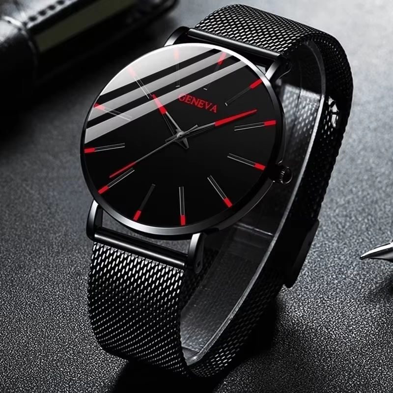 Montres d'affaires Ultra fines pour hommes, montre-bracelet à Quartz avec ceinture en maille d'acier