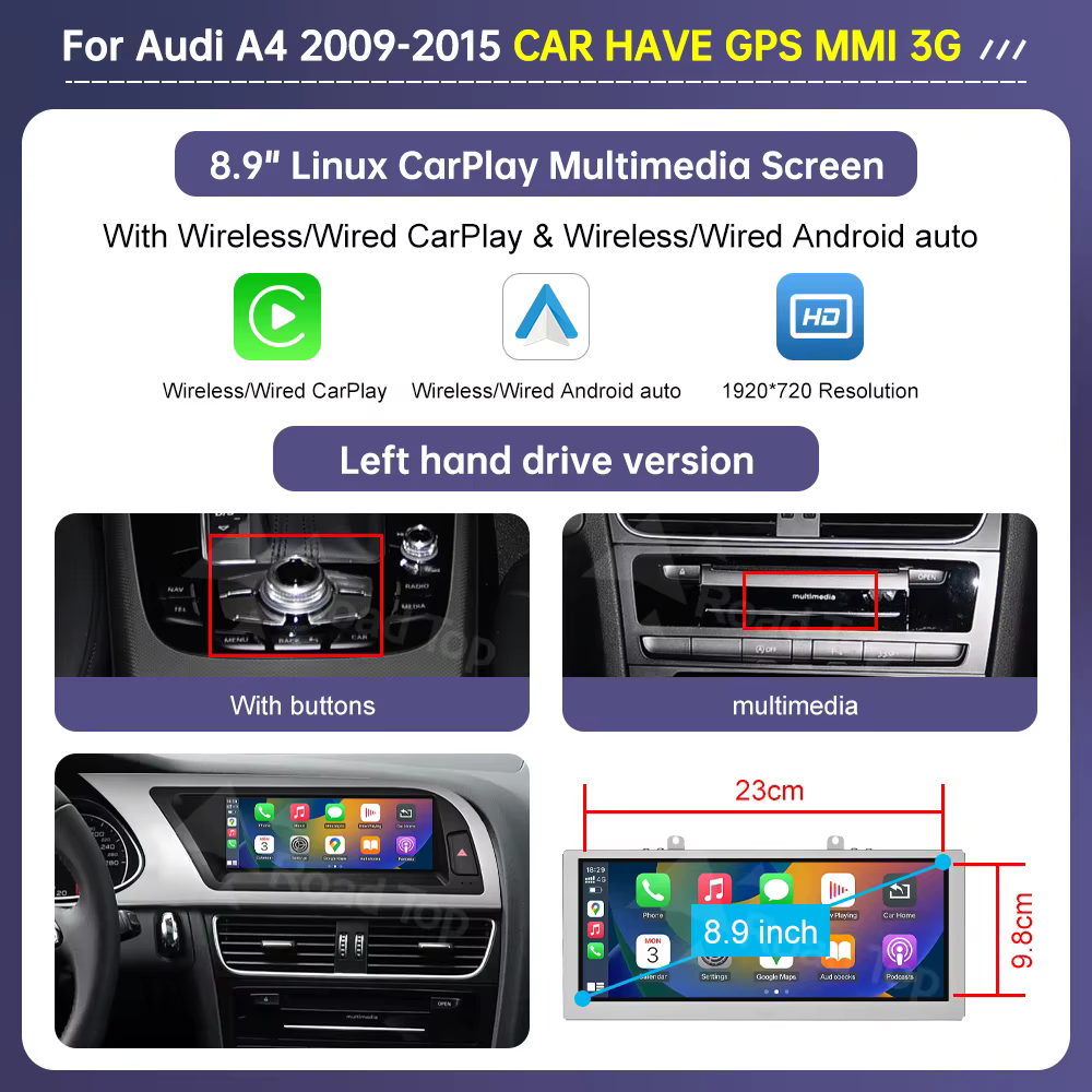 Écran multimédia Linux pour Radio supérieure de route, pour Audi A4 A5 2009 – 2015, CarPlay sans fil