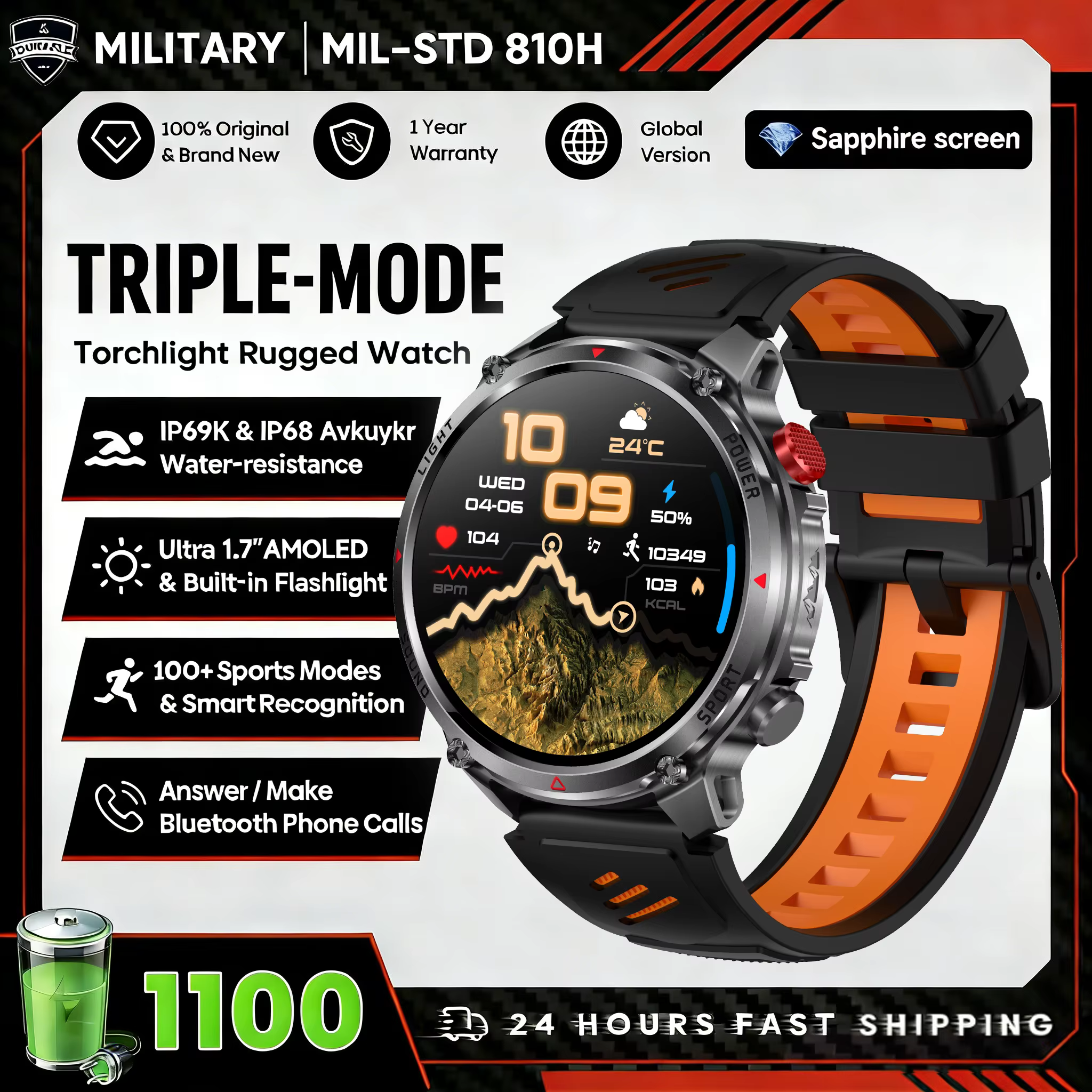 Montre connectée T-Rex3 Ultra 2026 avec batterie 1100 mAh, GPS, boussole, étanche IP69K, tracker spo