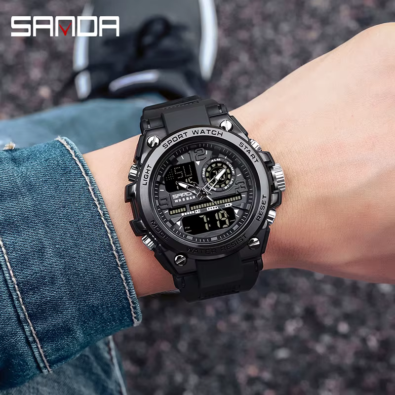 SANDA hommes sport montres à Quartz double affichage LED électronique numérique montres étanche mont