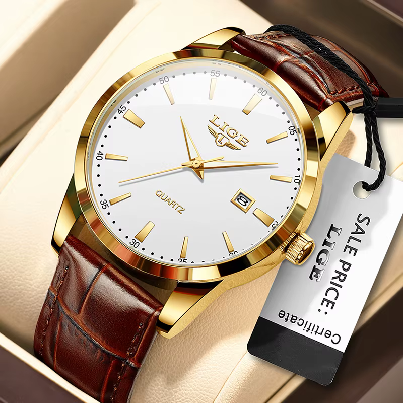 Montre LIGE en cuir marron pour homme, style militaire, sport, quartz, décontractée, étanche, chrono