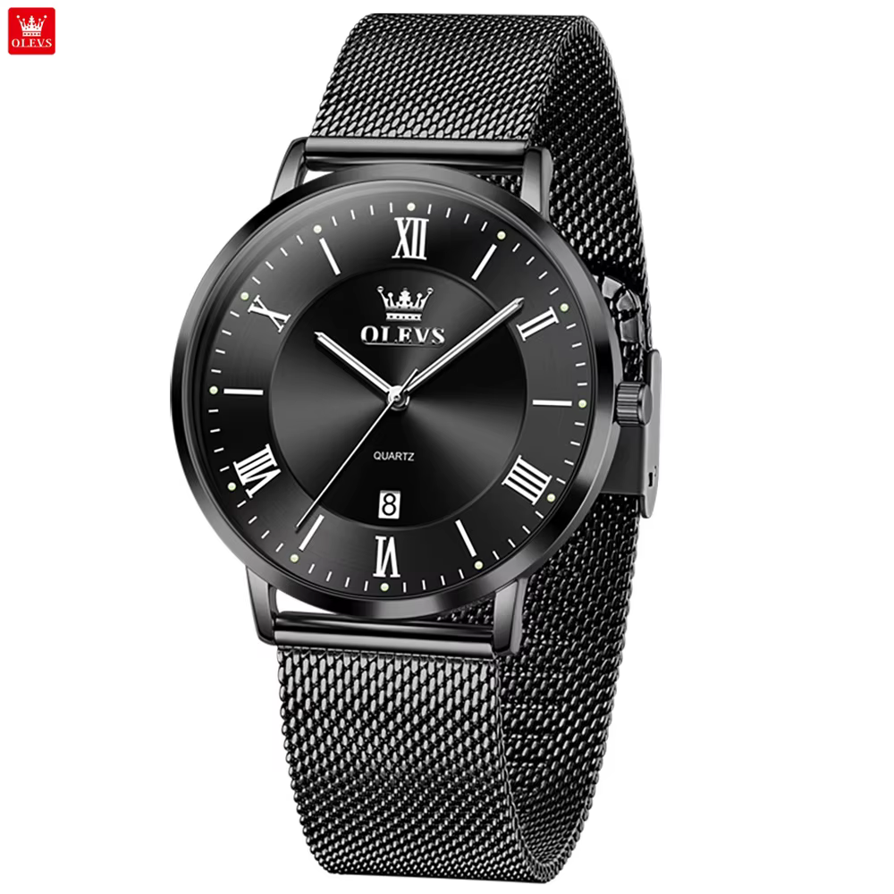 OLEVS 5623 Montre à quartz pour homme, cadran minimaliste avec chiffres romains, bracelet en maille 