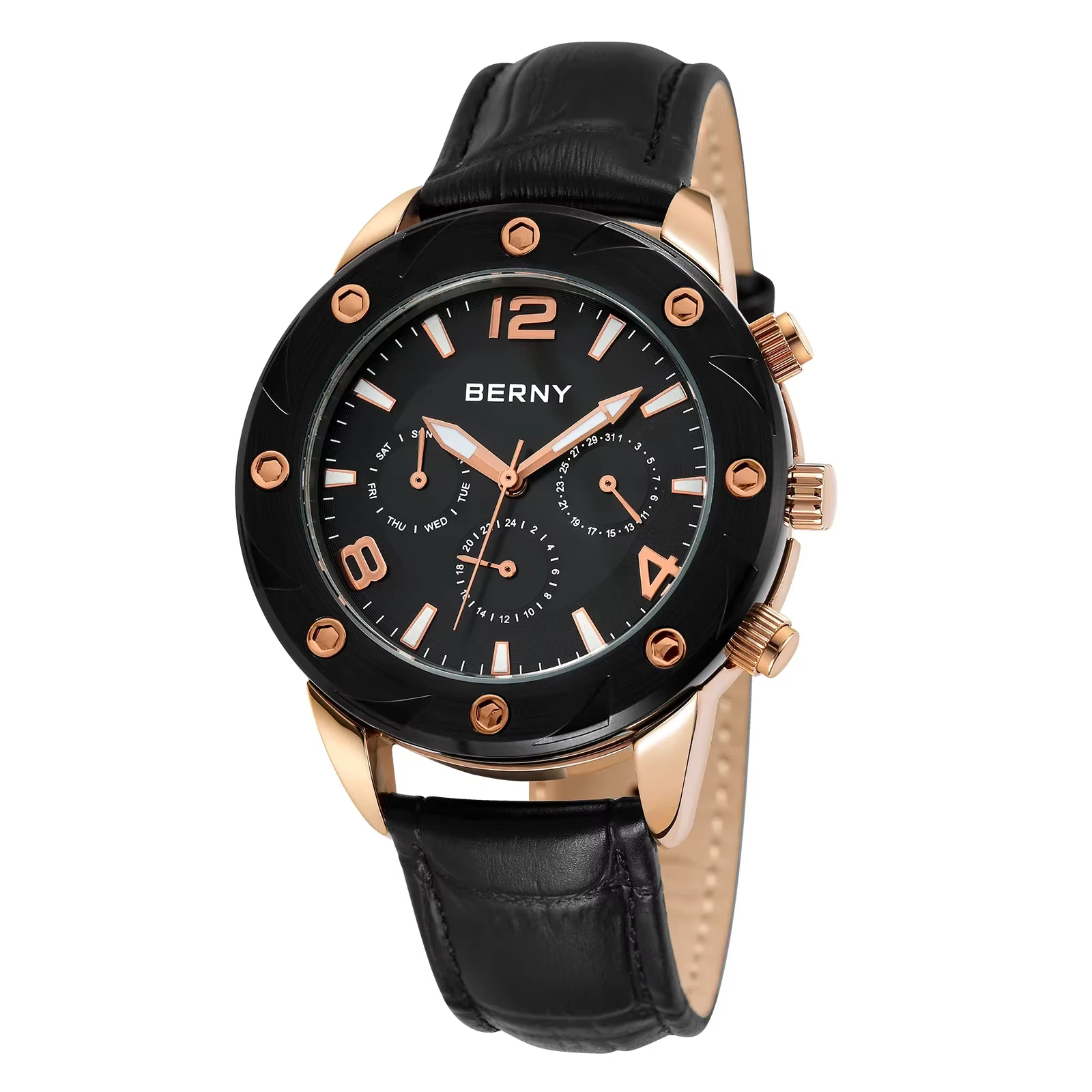 BERNY Montre pour homme avec cadran multifonction, montre-bracelet à quartz, bracelet en cuir lumine