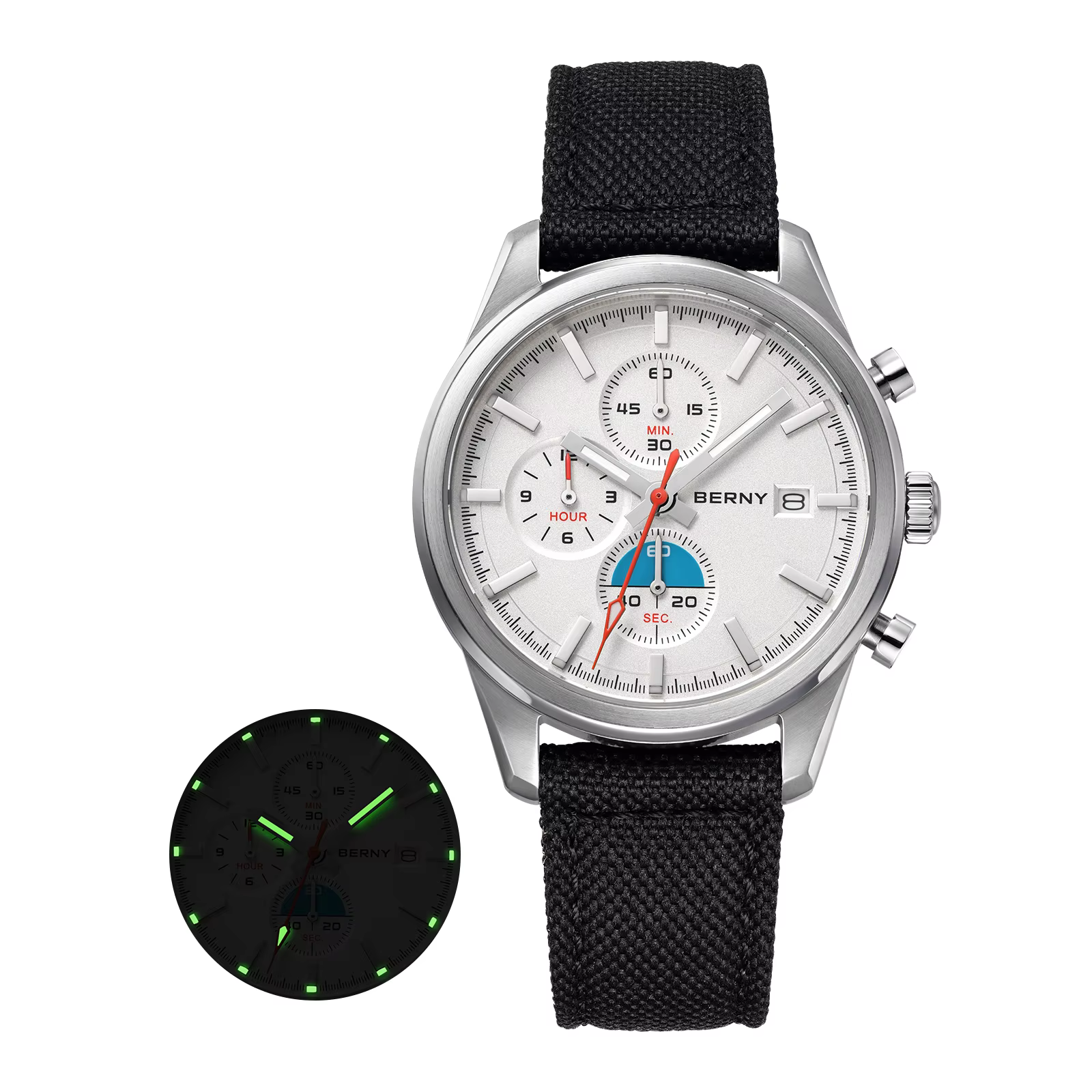 Montre chronographe BERNY pour homme/femme, cadran de 37 mm, tissu tissé, saphir, revêtement AR, 5 A