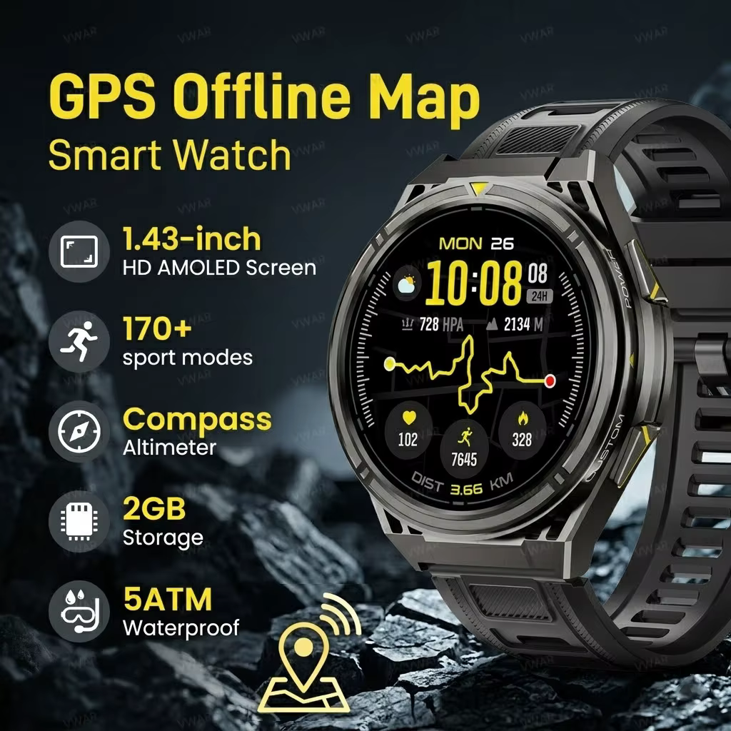 Nouvelle Montre Connectée GPS 2026 avec Cartes Hors Ligne, Écran AMOLED 1,43'', Montre Intelligente 