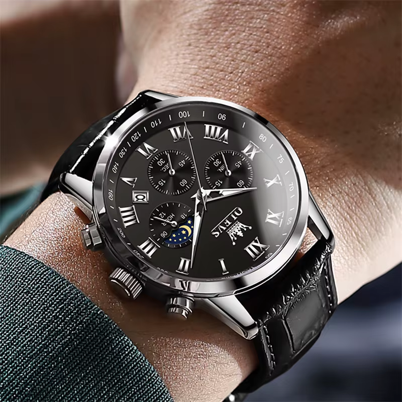 Montre à quartz pour homme OLEVS, phase de lune, chronographe de luxe, cadran romain, boîtier en or