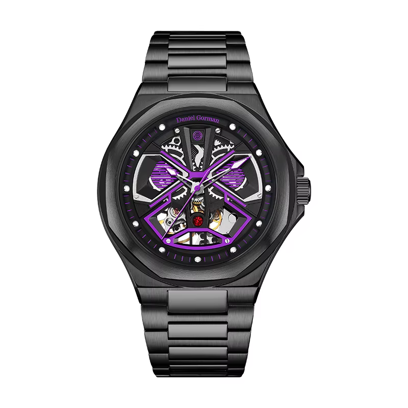 DG Montre automatique de luxe colorée entièrement ajourée, cadran rouge, étanche 5 bars, montre-brac