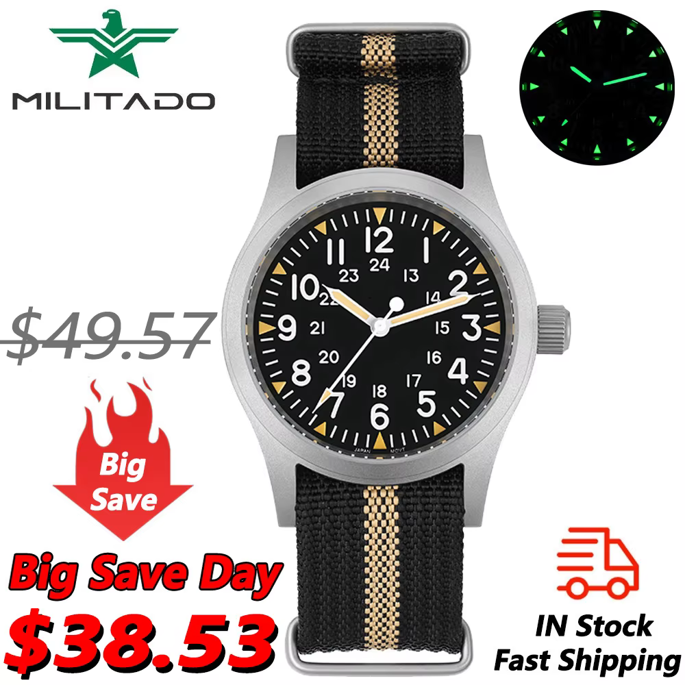 Militado ML05 38mm montre Vintage VH31 mouvement à Quartz montres de terrain cristal saphir bombé av