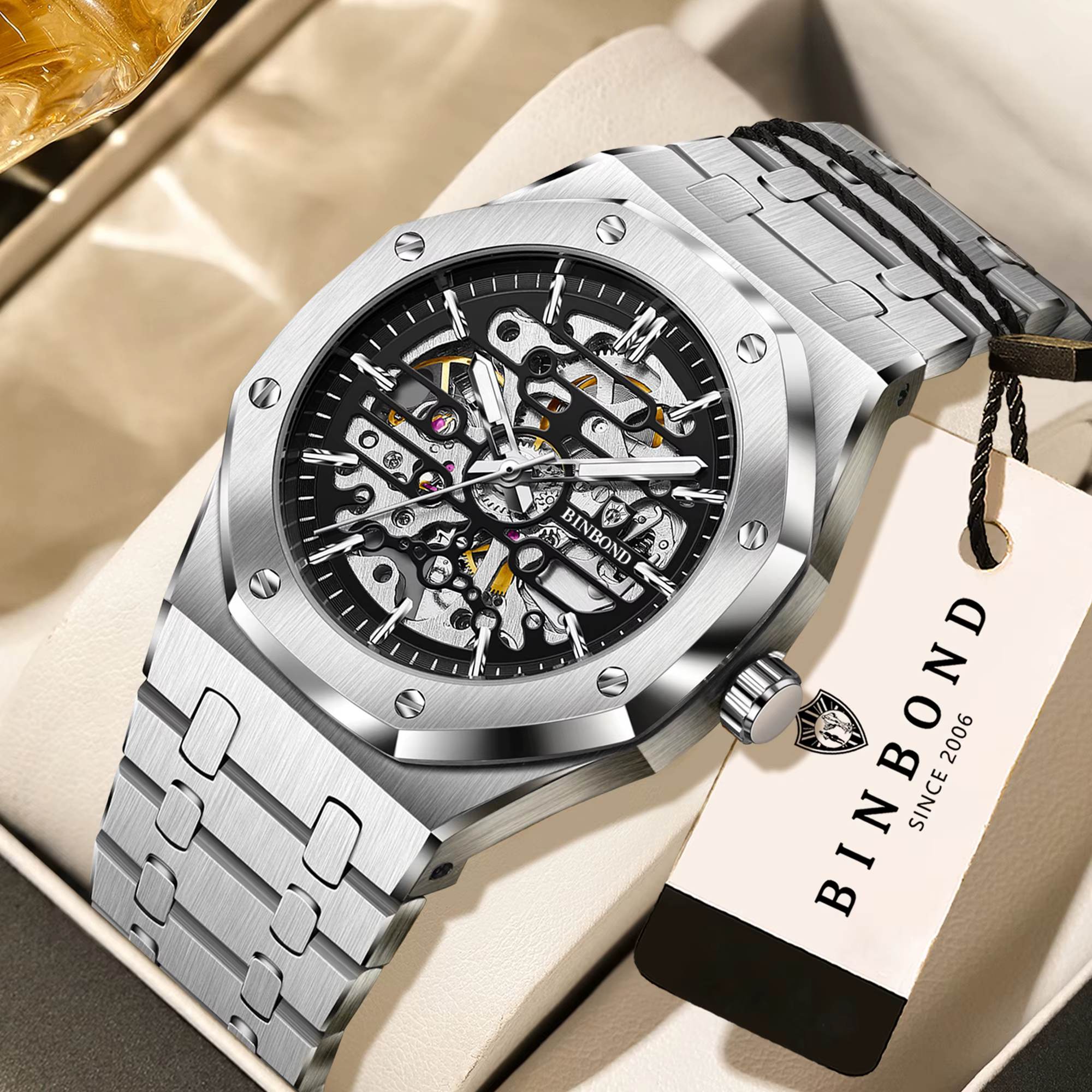 Montres mécaniques squelette précises BINBOND pour hommes, montre automatique de luxe lumineuse et é