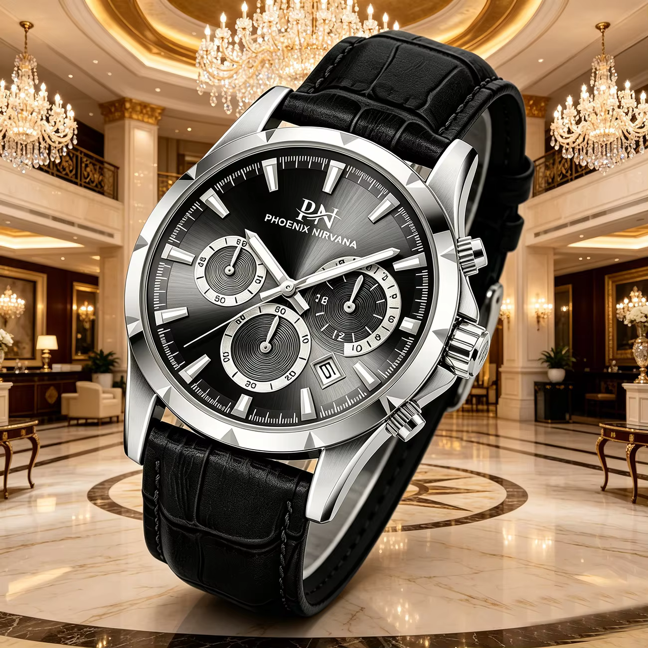 Montre à quartz de luxe pour homme – Chronographe étanche avec bracelet en cuir véritable, grand cad
