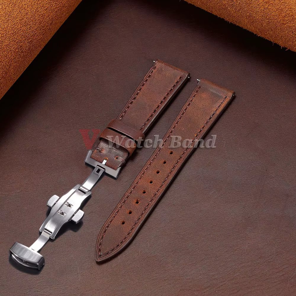 Bracelet de montre en cuir Vintage, boucle papillon, couture en cuir de vache, pour Omega 18/19/20/2